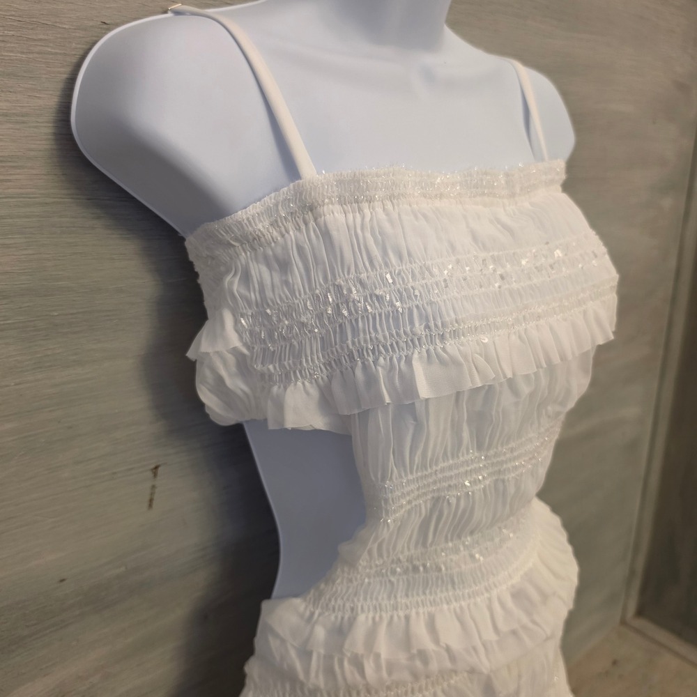 Fashion Nova "Keila" White Smocked Tiered Ruffle Jumpsuit Size Medium NWT - Picture 5 of 13